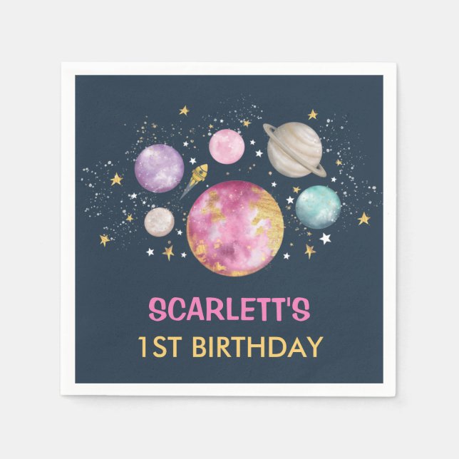 Navy Pink First Trip Around the Sun Girls Birthday Napkin (Front)