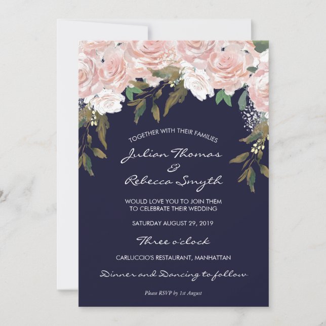 Navy pink floral and greenery wedding invitation (Front)