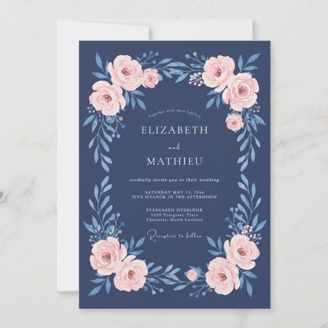 Navy Pink Floral Botanical Wedding Invitation (Front)