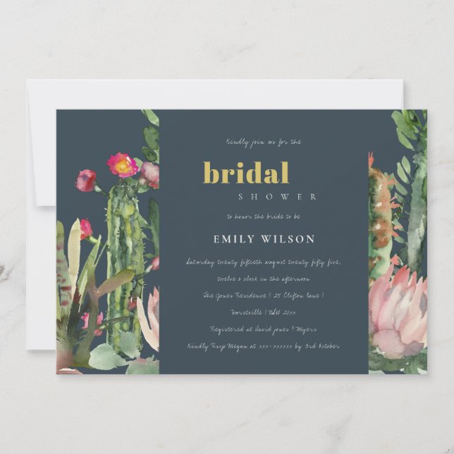 NAVY PINK FLORAL CACTI FOLIAGE BRIDAL SHOWER INVITATION (Front)