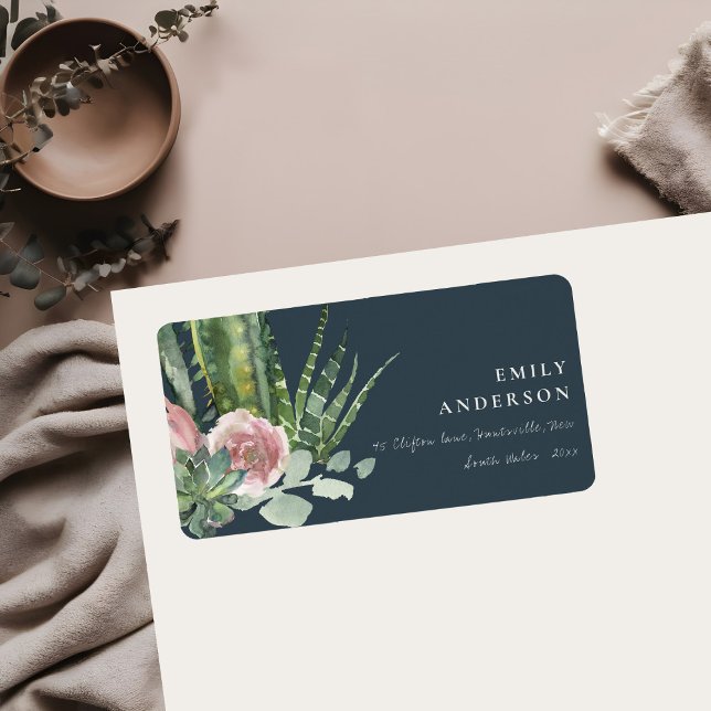 NAVY PINK FLORAL CACTI FOLIAGE WATERCOLOR ADDRESS LABEL (Creator Uploaded)