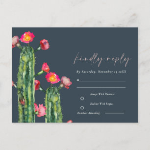 Navy Pink Floral Cacti Foliage Watercolor RSVP Postcard