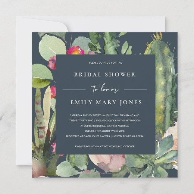 NAVY PINK FLORAL DESERT CACTI FAUNA BRIDAL SHOWER INVITATION (Front)