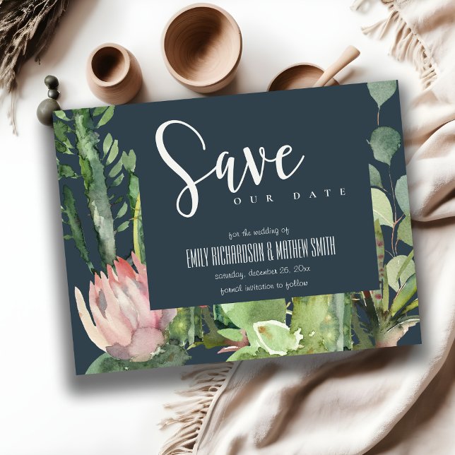 NAVY PINK FLORAL DESERT CACTI FAUNA SAVE THE DATE ANNOUNCEMENT POSTCARD (Creator Uploaded)