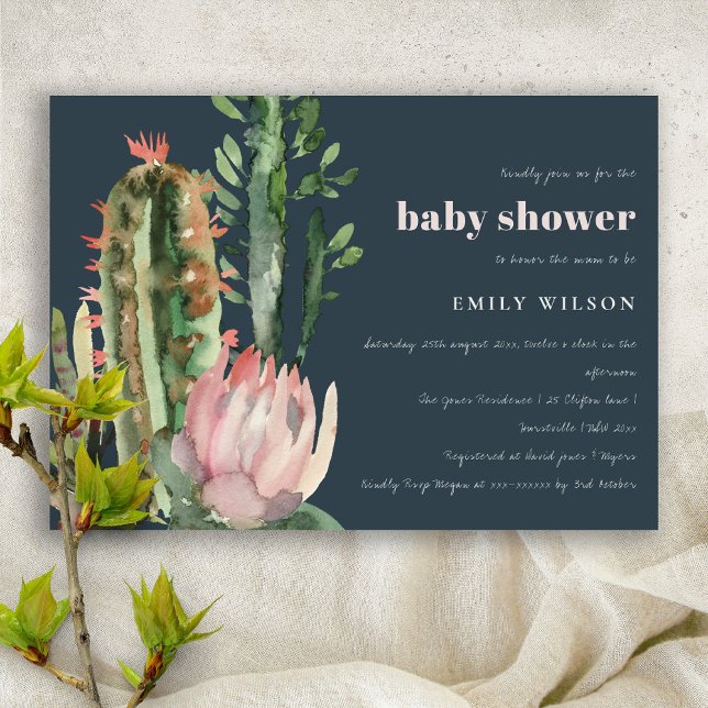 NAVY PINK FLORAL DESERT CACTI FOLIAGE BABY SHOWER INVITATION (Creator Uploaded)