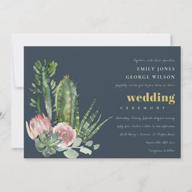 NAVY PINK FLORAL DESERT CACTI FOLIAGE WEDDING INVITATION (Front)
