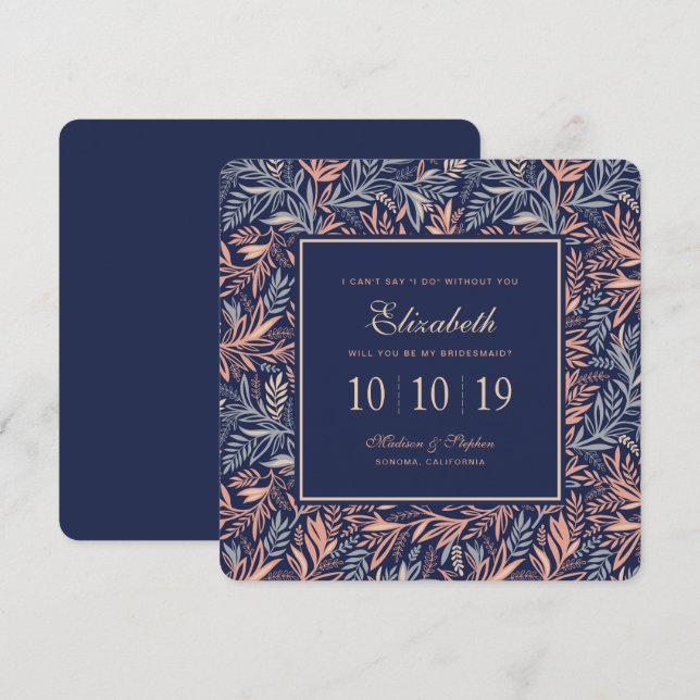 Navy & Pink Floral & Plant Pattern - Bridesmaid Invitation (Front/Back)