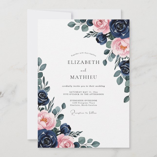 Navy Pink Floral Romantic Wedding Invitation (Front)