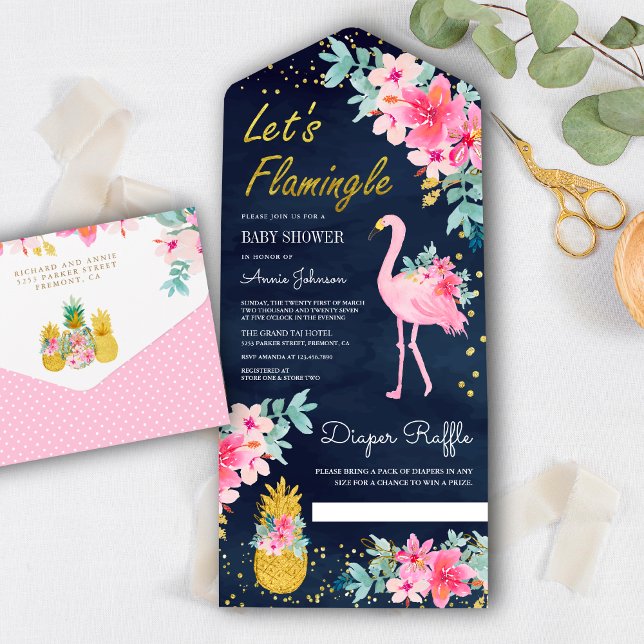 Navy Pink Floral Tropical Flamingo Baby Shower All In One Invitation (Creator Uploaded)