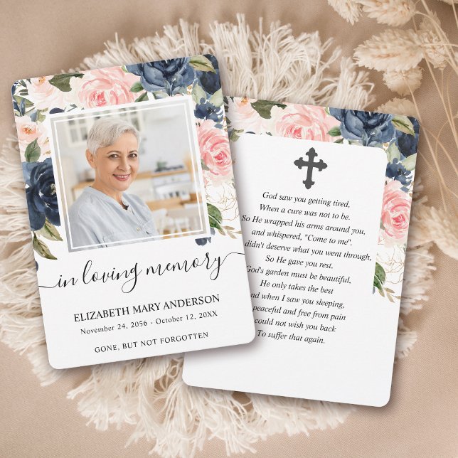 Navy Pink Floral Watercolor Funeral Prayer Card (Creator Uploaded)