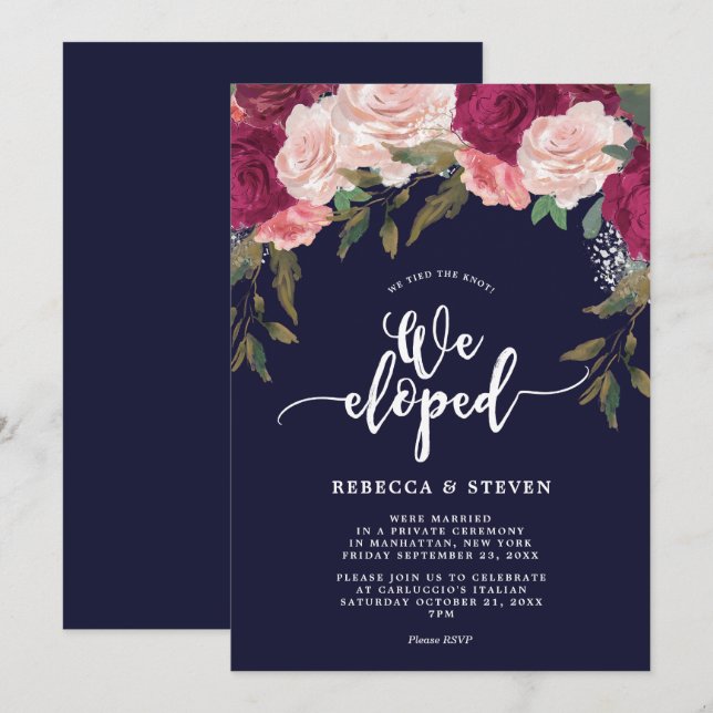 navy pink florals modern we eloped invitation (Front/Back)