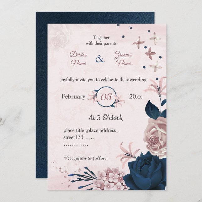 navy & pink flowers botanical wedding invitation (Front/Back)