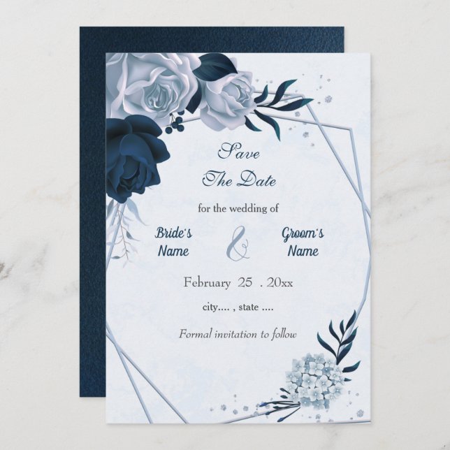 Navy & pink flowers geometric save the date (Front/Back)