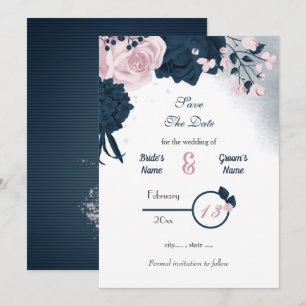 Navy & pink flowers romantic save the date