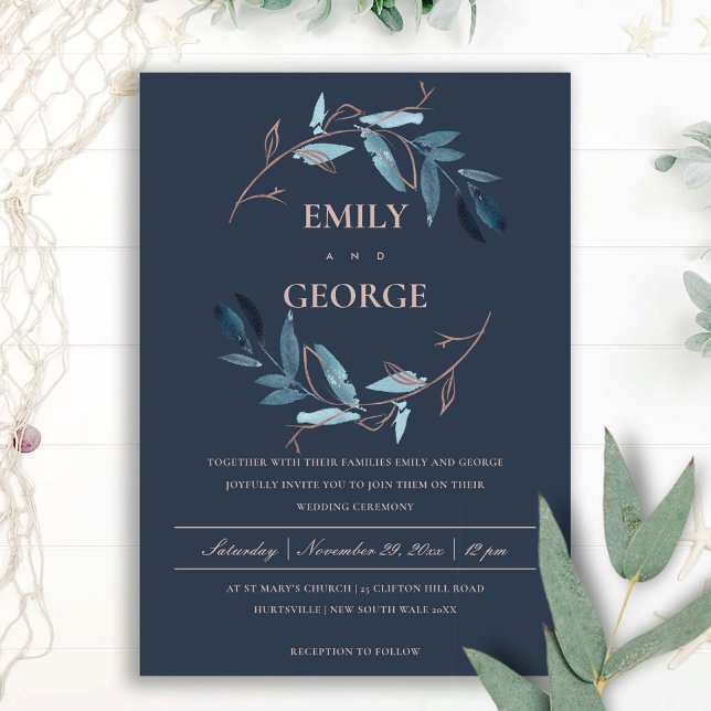 NAVY PINK FOLIAGE WATERCOLOR WASH WREATH WEDDING INVITATION (Creator Uploaded)