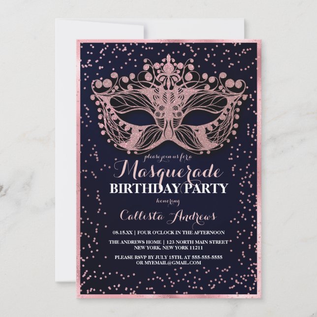 Navy Pink Glitter Confetti Masquerade Birthday Invitation (Front)