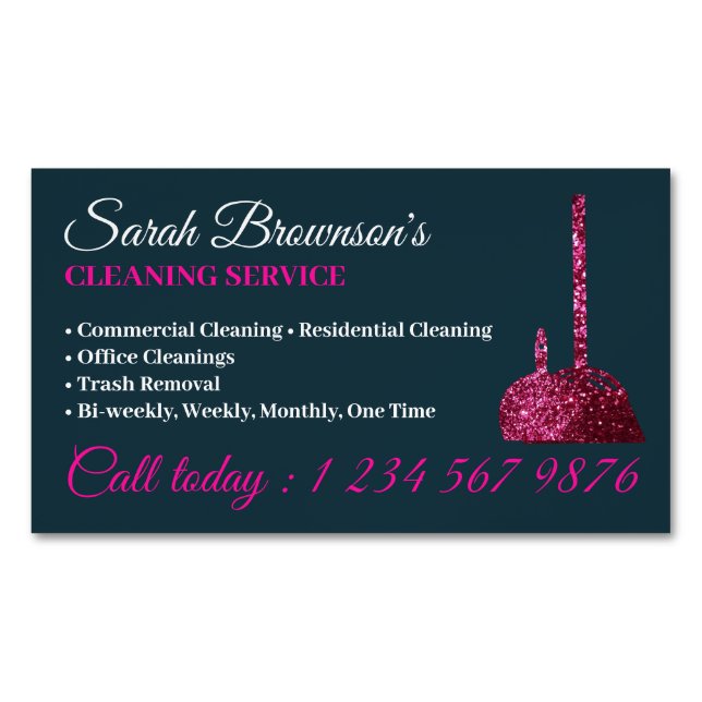 Navy Pink Glitz Glam Cleaning Service Janitorial Magnetic Business Card (Front)