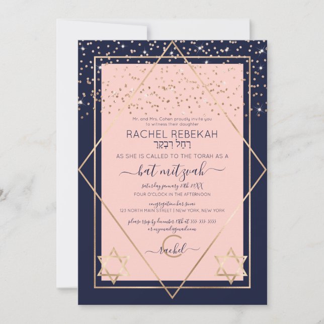 Navy Pink Gold Confetti Border Bat Mitzvah Invitation (Front)