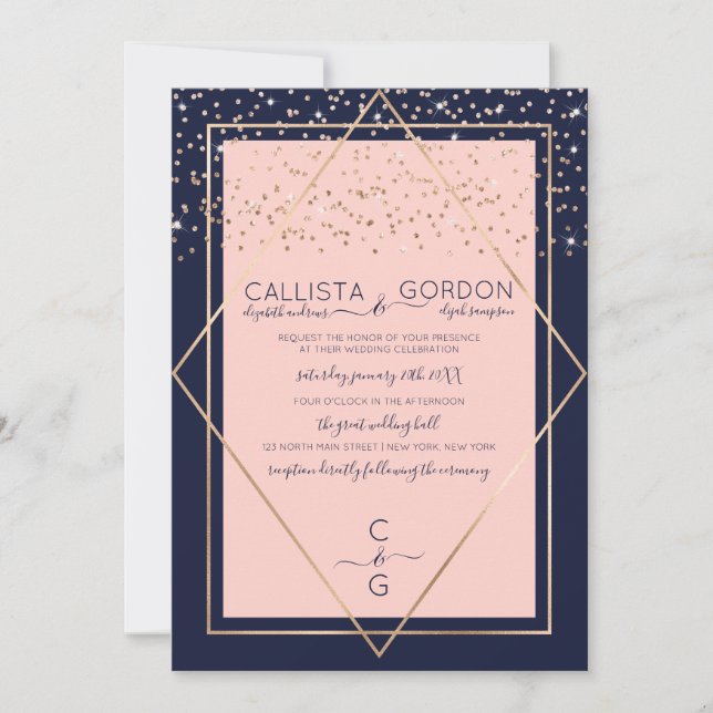 Navy Pink Gold Confetti Geo Border Wedding Invitation (Front)