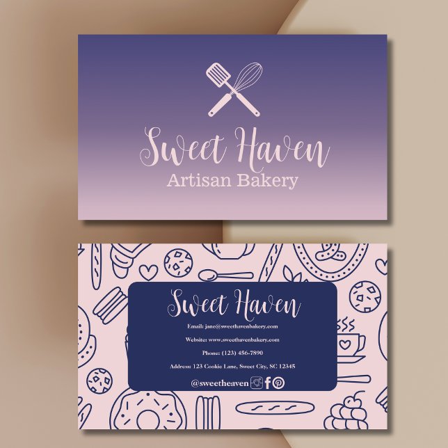Navy Pink Gradient Cooking Utensil Bakery Business Card (Creator Uploaded)