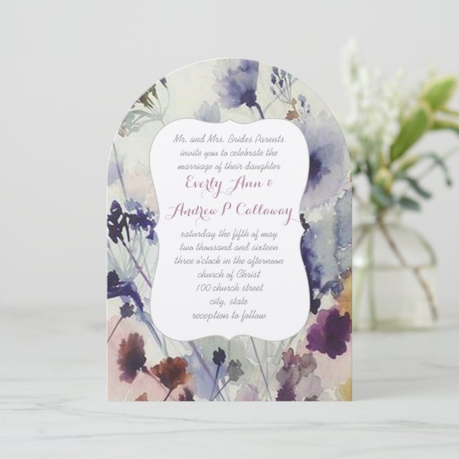 Navy Pink & Green Wild Flower Watercolor Wedding Invitation (Standing Front)