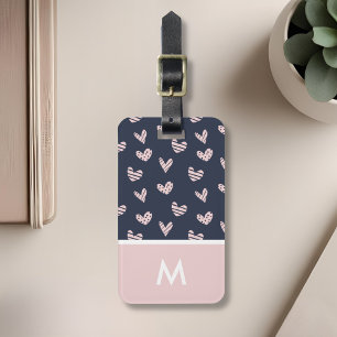 Navy Pink Hearts Personalised Initial Luggage Tag