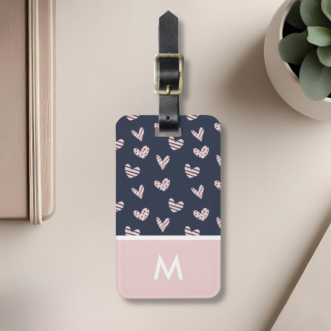 Navy Pink Hearts Personalised Initial Luggage Tag (Creator Uploaded)
