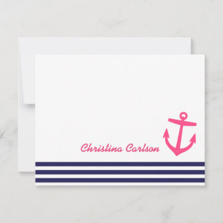 Navy & Pink Nautical Stripes & Anchor Stationery Card