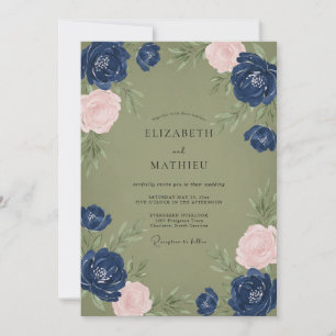 Navy Pink Olive Painted Wedding Invitation