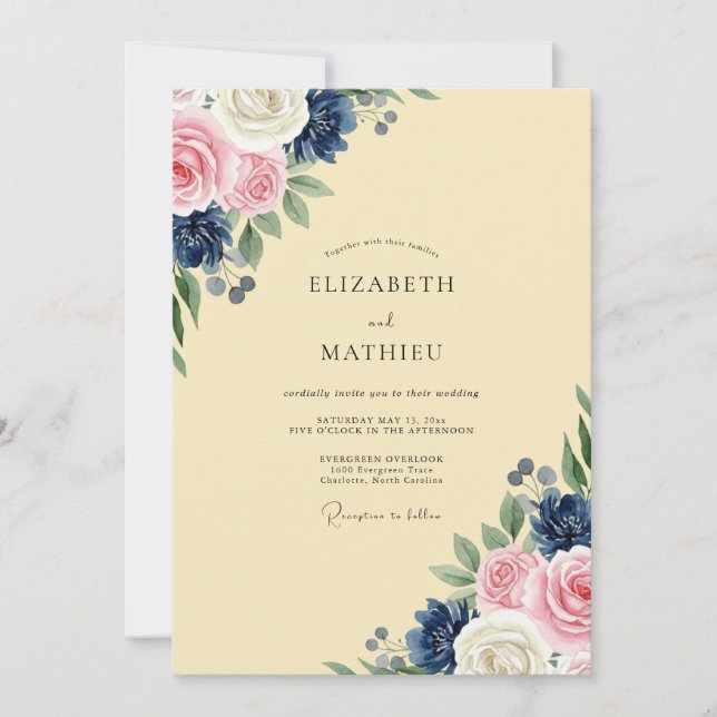 Navy Pink Painted Wedding Invitation (Front)