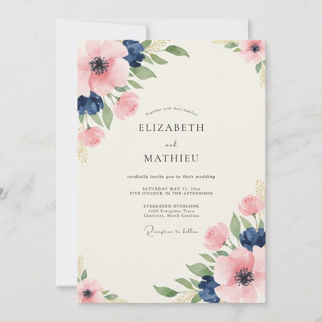 Navy Pink Painterly Floral Wedding Invitation (Front)