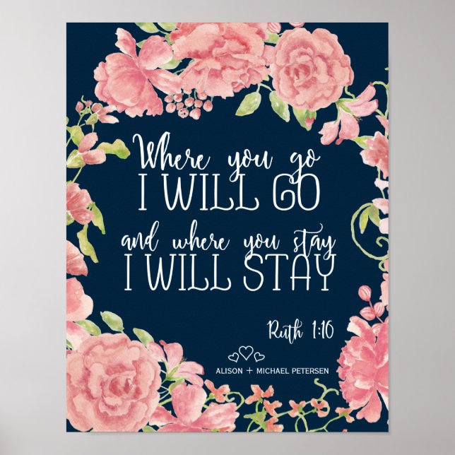 Navy pink peonies quote wedding sign (Front)