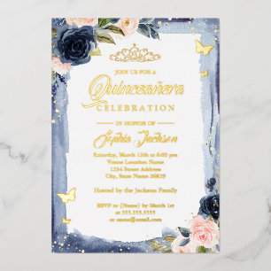 Navy Pink Quinceanera Floral Sparkle Tiara Foil In