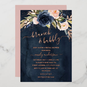 Navy Pink Rose Gold Floral Brunch And Bubbly