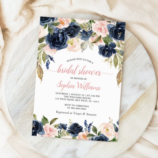 Navy & Pink Roses Floral Bridal Shower Invitation (Creator Uploaded)