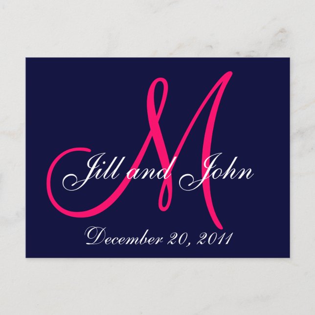 Navy Pink Save the Date Custom Monogram Postcards (Front)