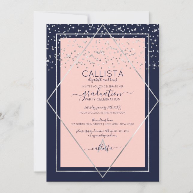 Navy Pink Silver Confetti Border Graduation Invitation (Front)