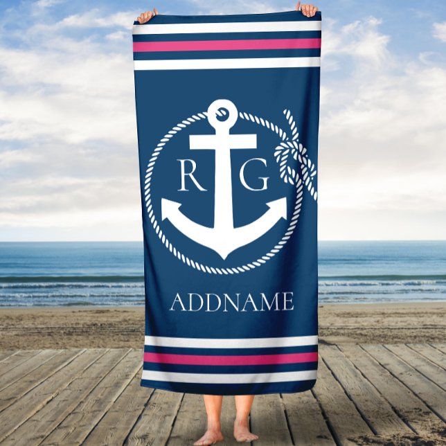 Navy Pink Stripes Anchor Rope Custom Bath Towel (Creator Uploaded)