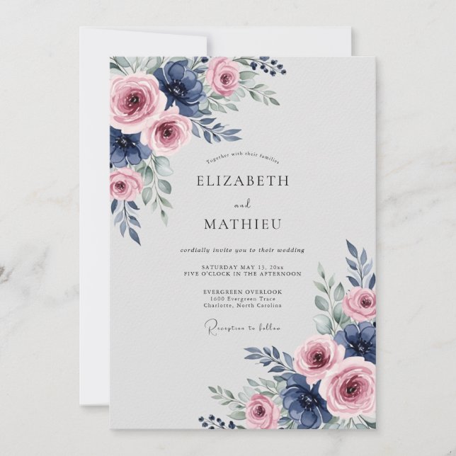 Navy Pink Sumptuous Spring Wedding Invitation (Front)