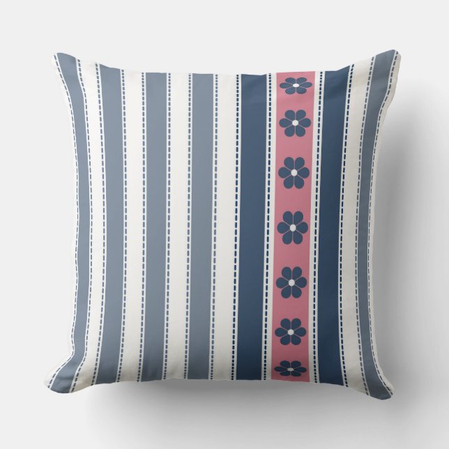 Navy Pink Vertical Stripes Floral Cushion (Front)