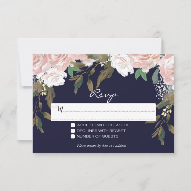 navy pink wedding rsvp card floral modern (Front)