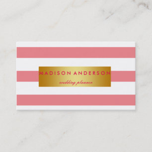 Navy Pink & White Chic Stripes in Gold Business Card