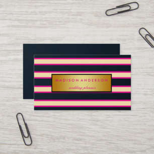 Navy Pink & White Chic Stripes in Gold Business Card