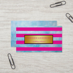Navy Pink & White Chic Stripes in Gold Business Card