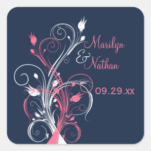 Navy Pink White Floral 1.5" Wedding Sticker