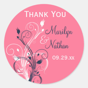 Navy Pink White Floral 1.5" Wedding Sticker