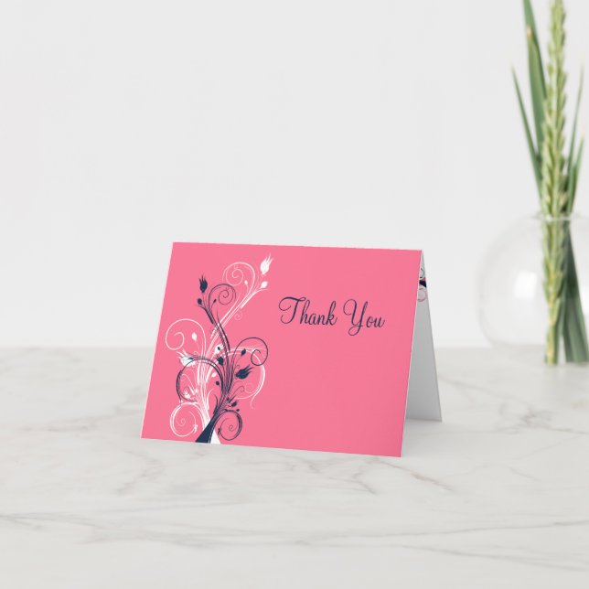 Navy, Pink, White Floral Thank You Card (Front)