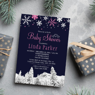 Navy pink white wonderland winter baby shower invitation