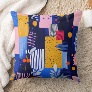 Navy Pink Yellow Geometric Botanical Cushion