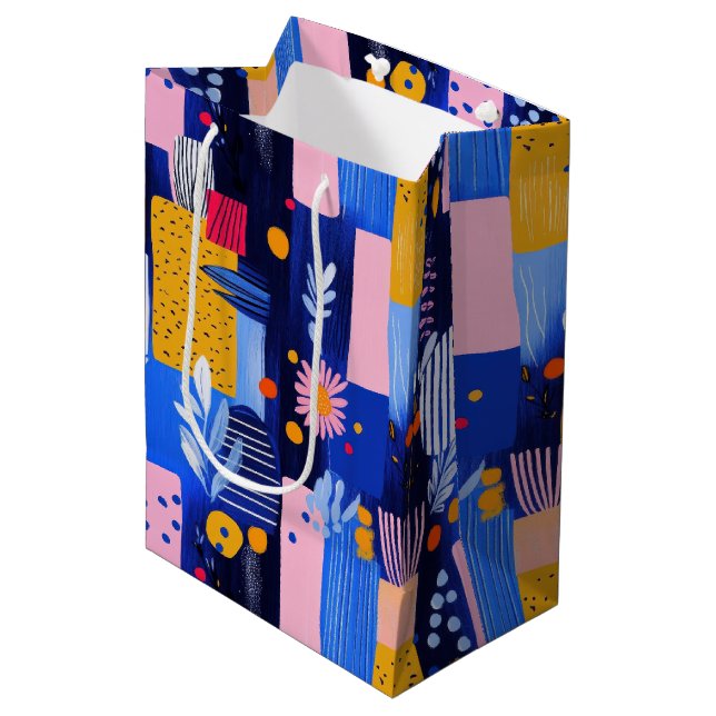 Navy Pink Yellow Geometric Botanical Medium Gift Bag (Front Angled)